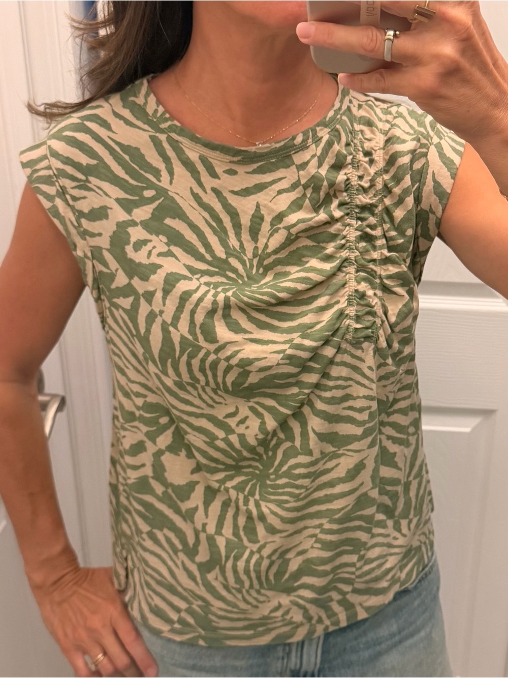 Pilcro Green and Cream Zebra-Print Ruched Shoulder Shirt